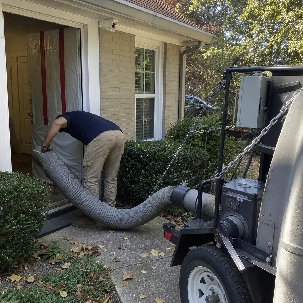 Technician using industrial vacuum machine for residential air duct cleaning service