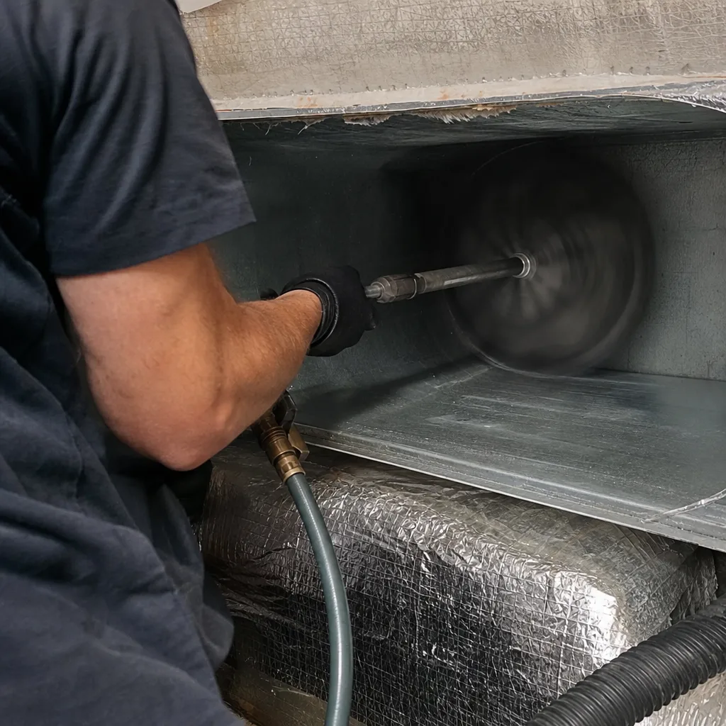 Technician using a rotating brush tool for professional air duct cleaning services.