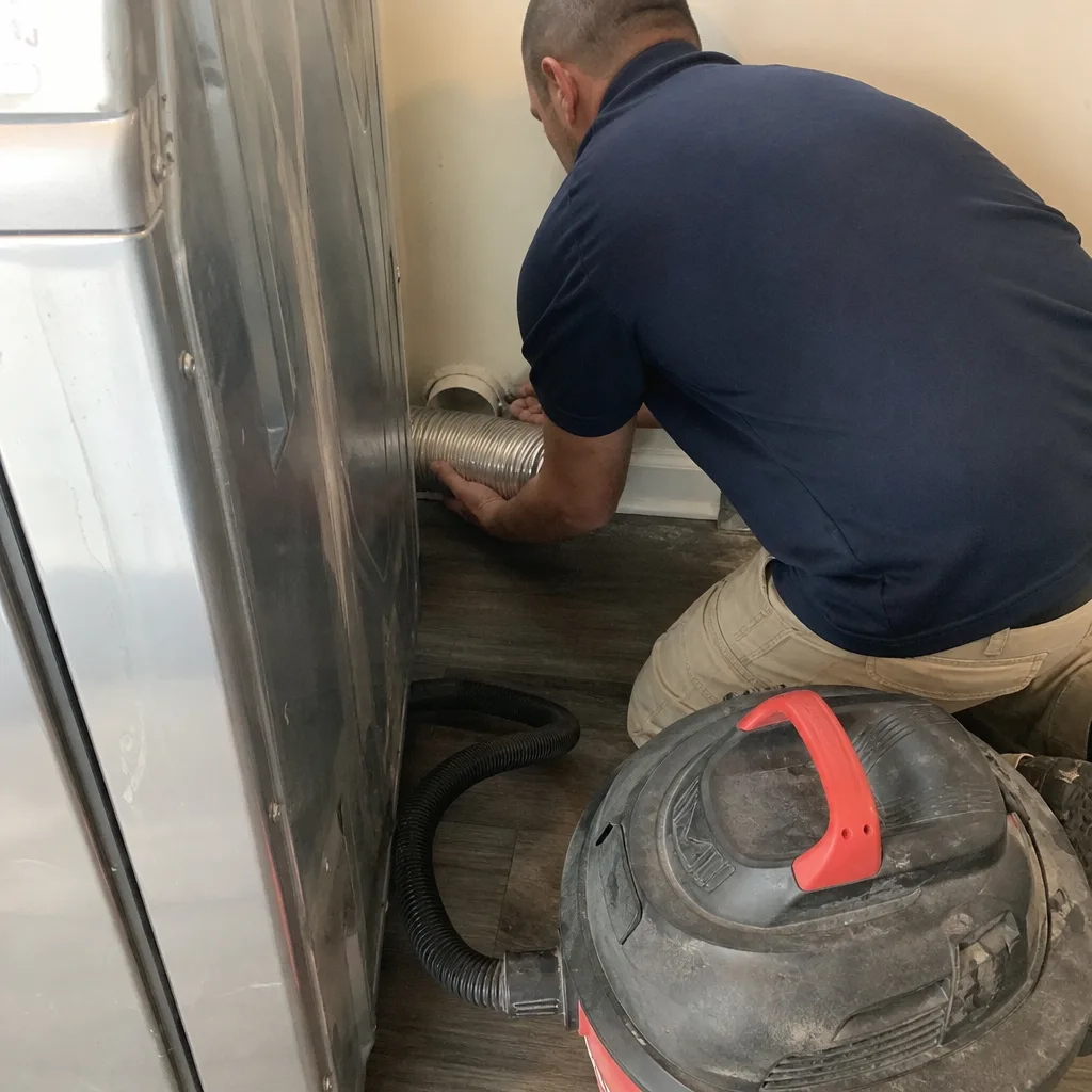 Technician performing professional dryer vent cleaning and installation