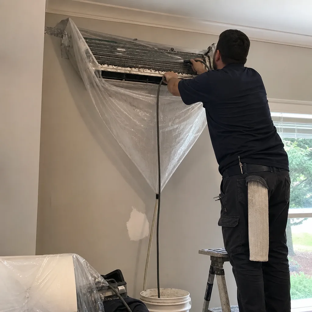 Technician performing professional air conditioning unit cleaning and maintenance