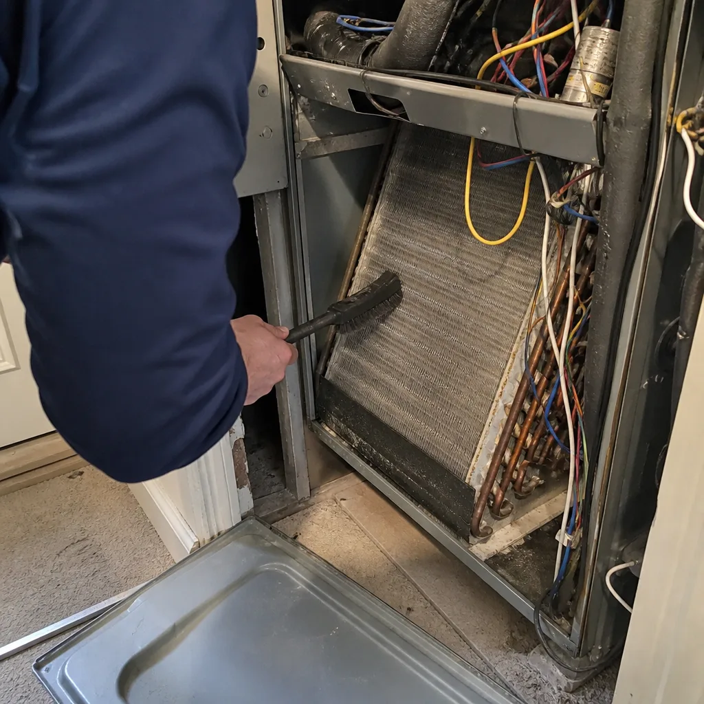 HVAC technician cleaning dusty air conditioner evaporator coils with a brush