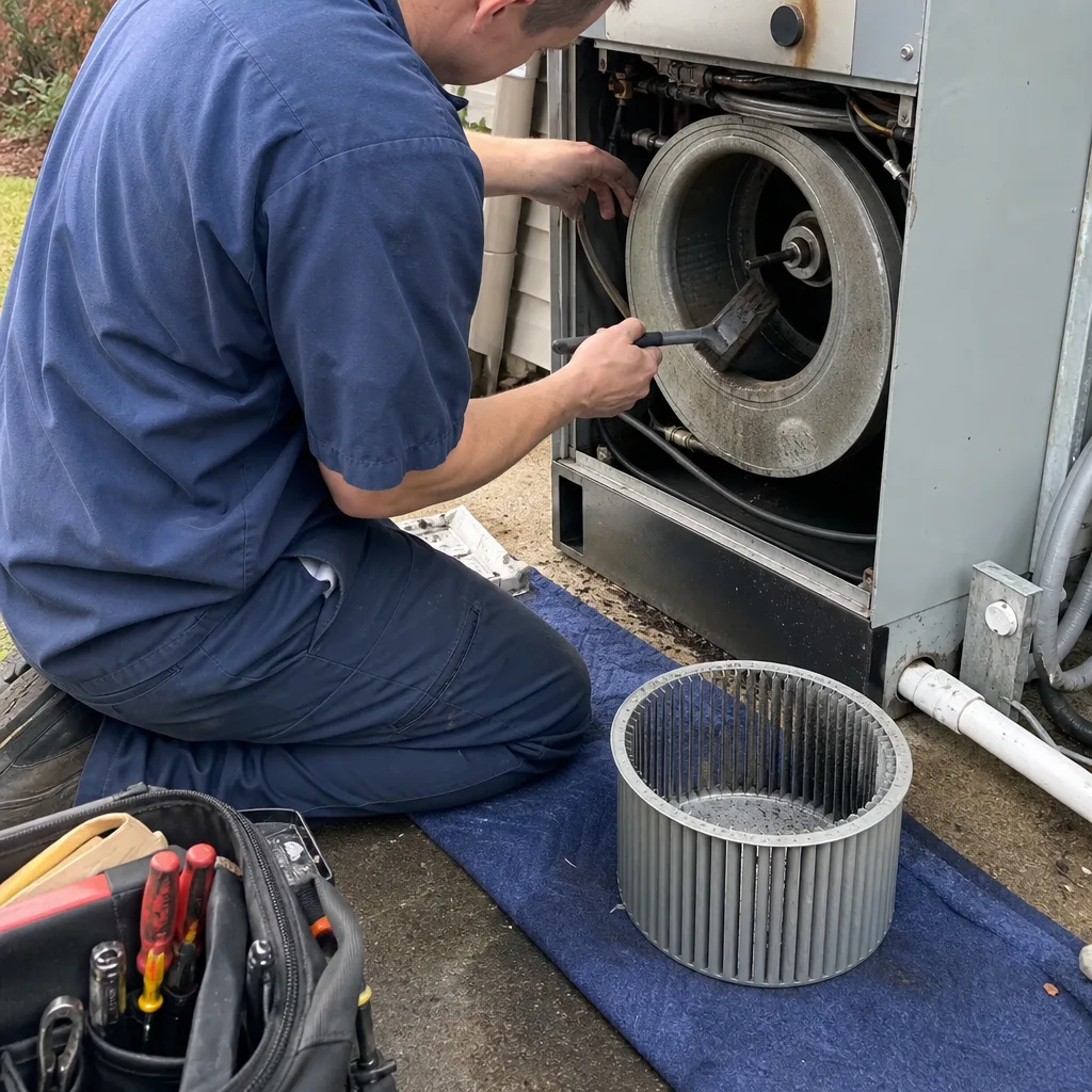 HVAC technician cleaning furnace blower fan assembly during professional maintenance service