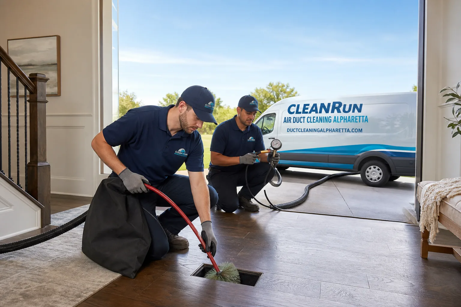CleanRun Air Duct Cleaning Alpharetta air duct cleaning service vehicle and crew in Alpharetta, GA